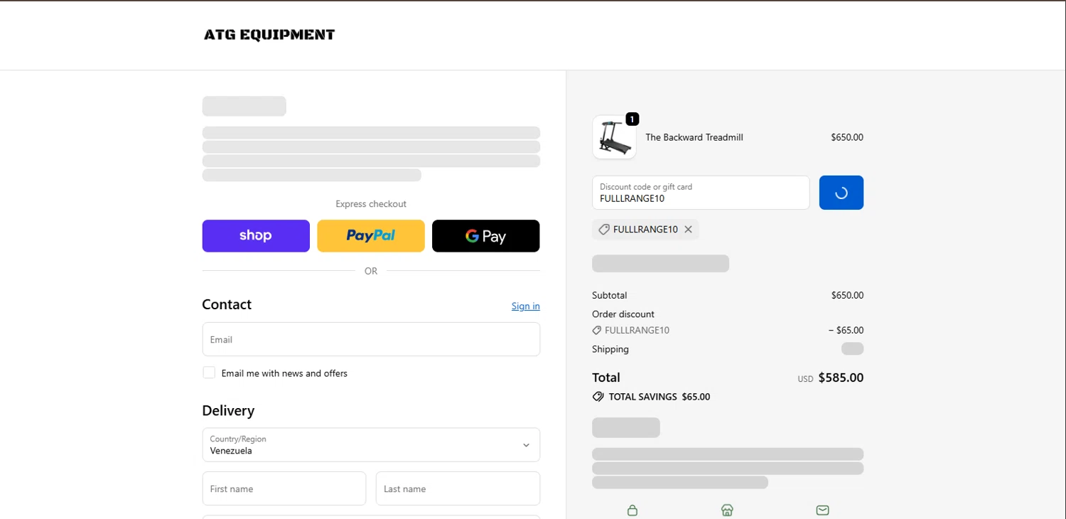 ATG Equipment discount code screenshot showing code FULLLRANGE10 applied at ATG Equipment checkout page. Uploaded by SimplyCodes community member BrillianteMaestro892 on Oct 17, 2025