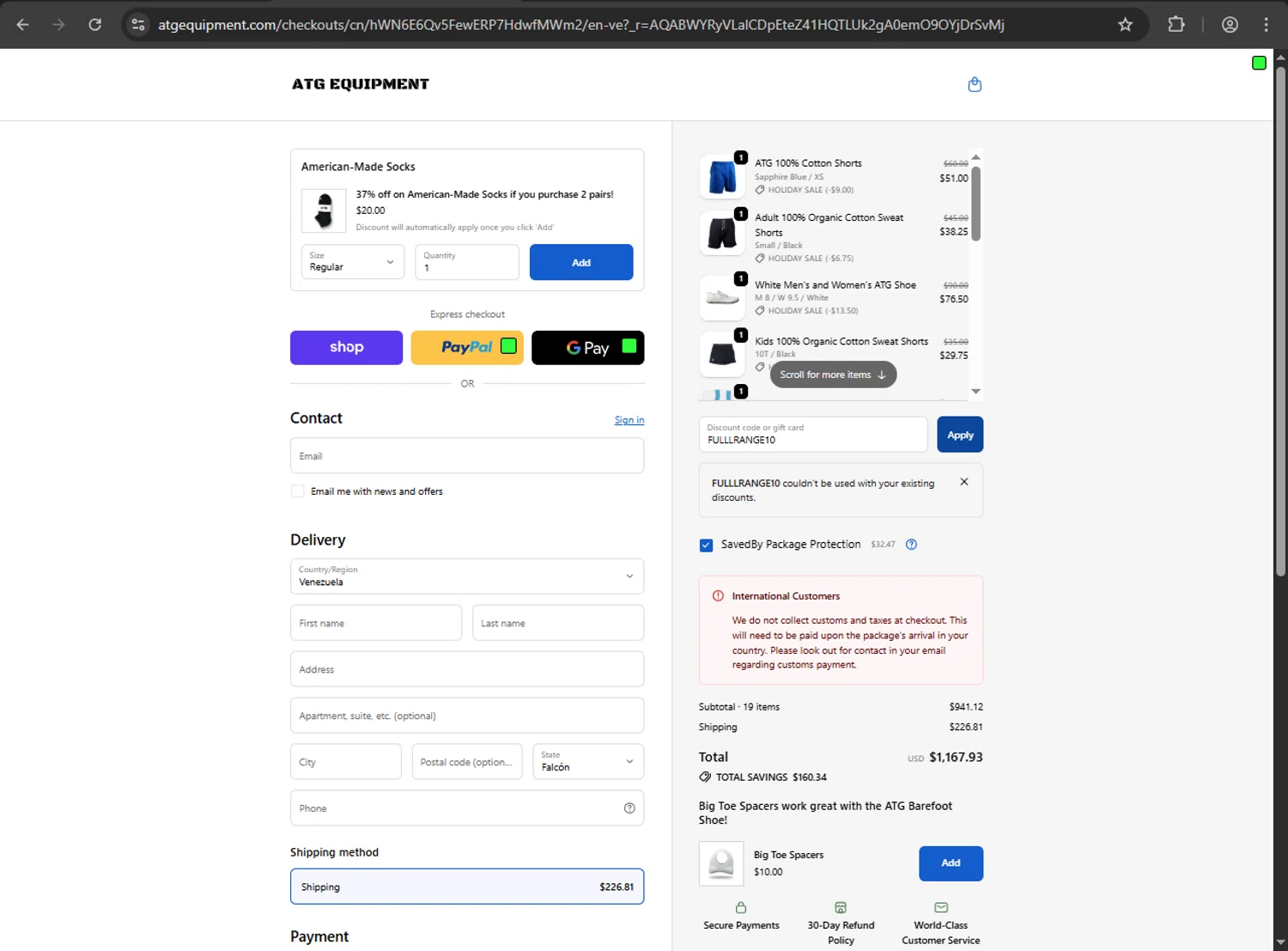 ATG Equipment discount code screenshot showing code FULLLRANGE10 applied at ATG Equipment checkout page. Uploaded by SimplyCodes community member anthonyramirez1 on Dec 9, 2025