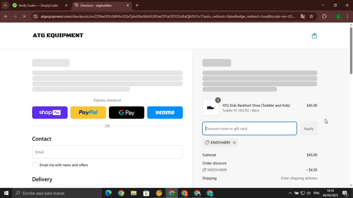 ATG Equipment discount code screenshot showing code KNEEHAB99 applied at ATG Equipment checkout page. Uploaded by SimplyCodes community member jorgeroz on Apr 4, 2025