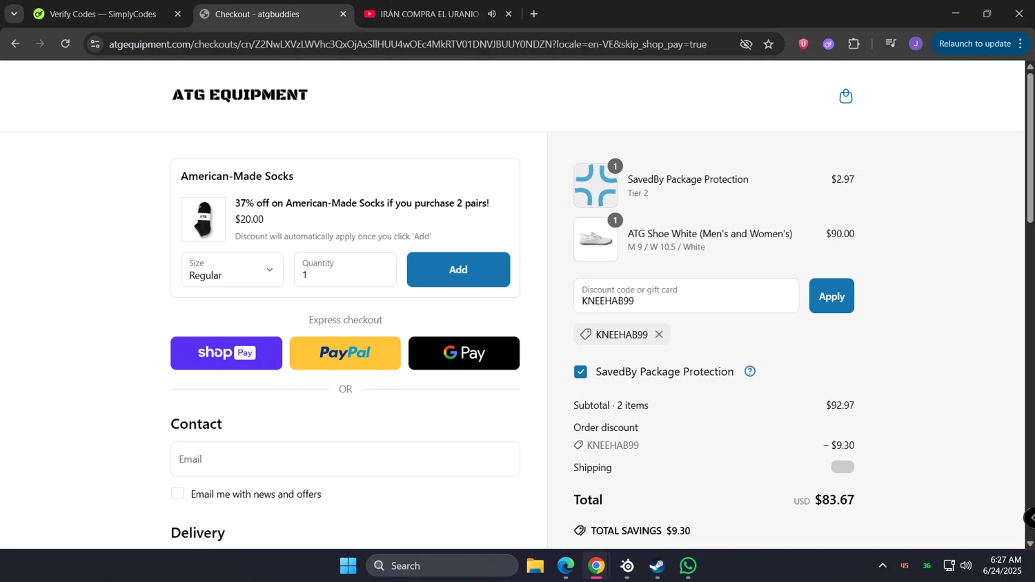 ATG Equipment discount code screenshot showing code KNEEHAB99 applied at ATG Equipment checkout page. Uploaded by SimplyCodes community member lunita on Jun 24, 2025