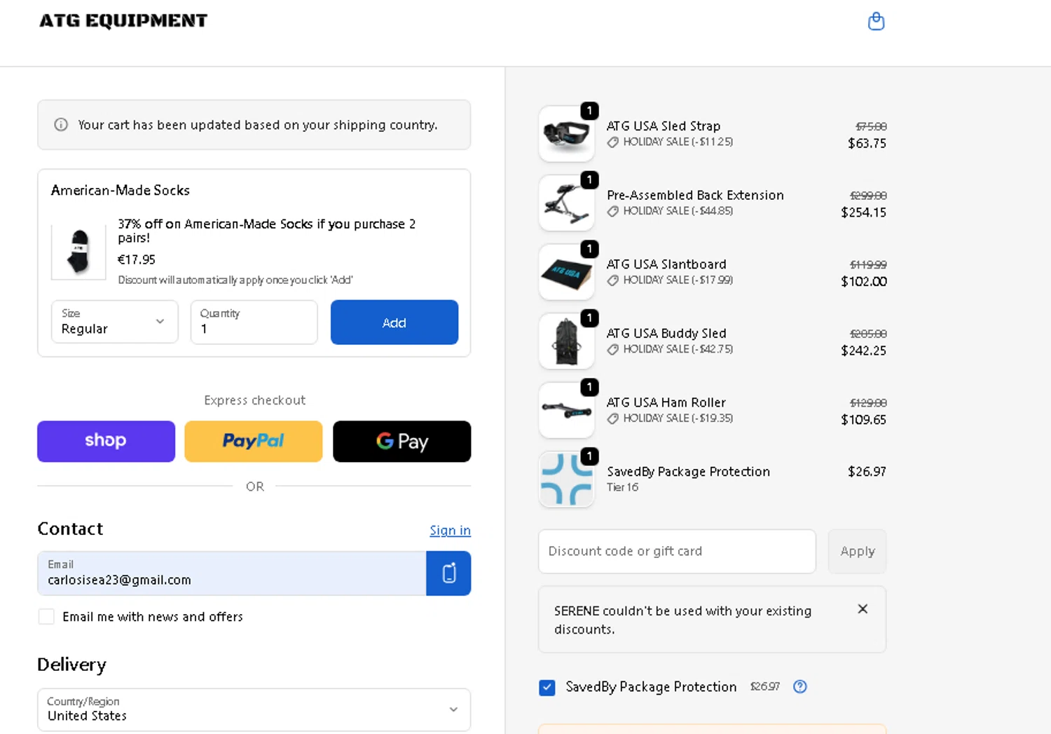ATG Equipment checkout page showing ATG Equipment discount code box | Screenshot taken by SimplyCodes community member on Jan 1, 2026