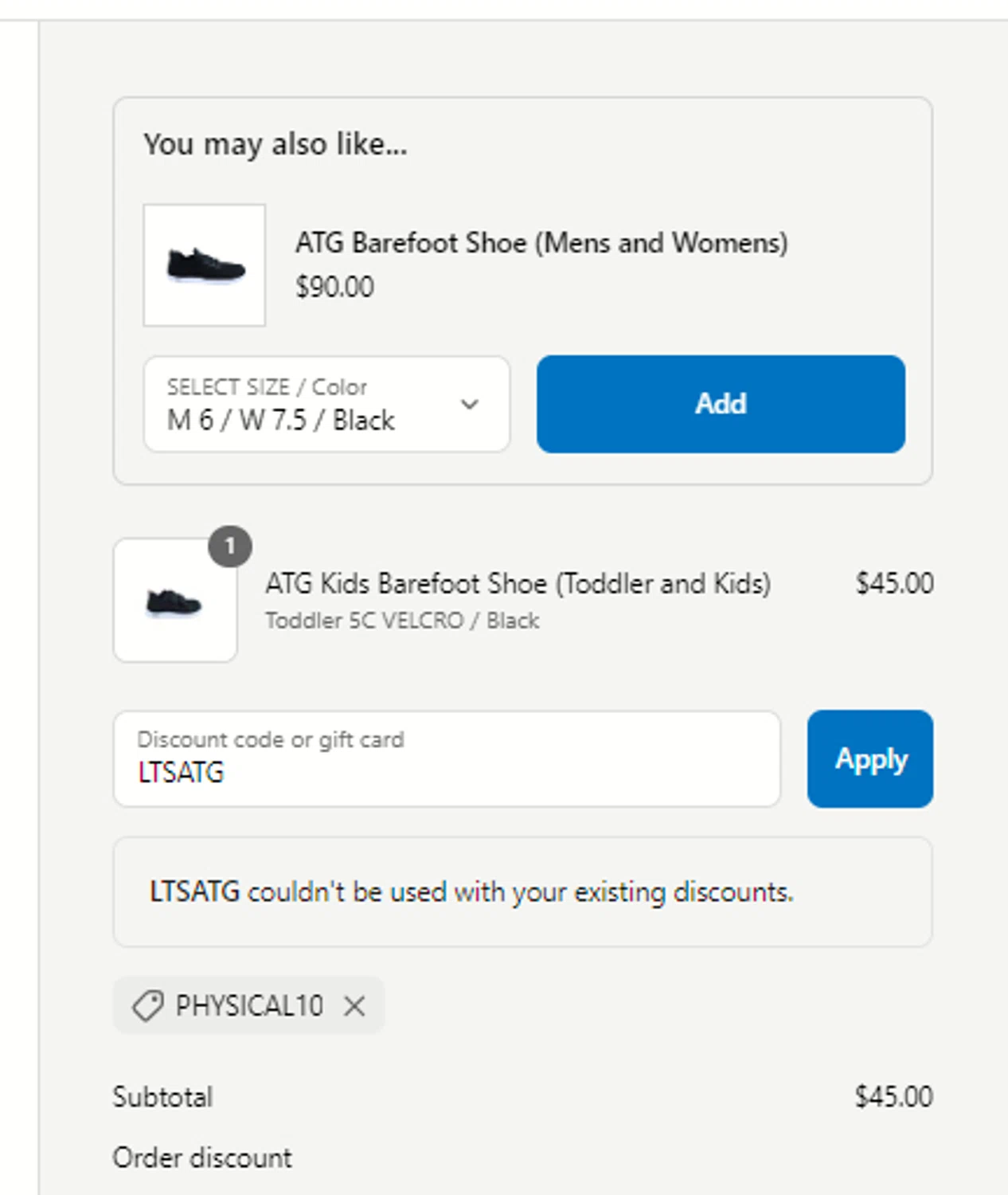 ATG Equipment discount code screenshot showing code LTSATG applied at ATG Equipment checkout page. Uploaded by SimplyCodes community member Sova_Valorant on Apr 4, 2025