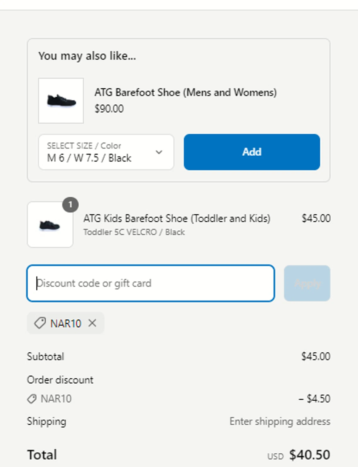ATG Equipment discount code screenshot showing code NAR10 applied at ATG Equipment checkout page. Uploaded by SimplyCodes community member Sova_Valorant on Apr 4, 2025