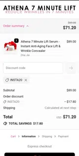 INSTA20 coupon verification screenshot
