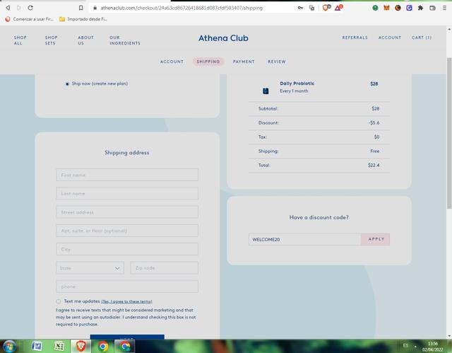 Athena Club checkout page showing Athena Club discount code box | Screenshot taken by SimplyCodes community member on Apr 2, 2022