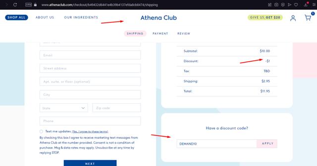 Athena Club checkout page showing Athena Club discount code box | Screenshot taken by SimplyCodes community member on Nov 1, 2023