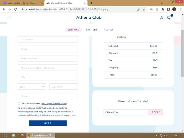 Athena Club checkout page showing Athena Club discount code box | Screenshot taken by SimplyCodes community member on May 26, 2023