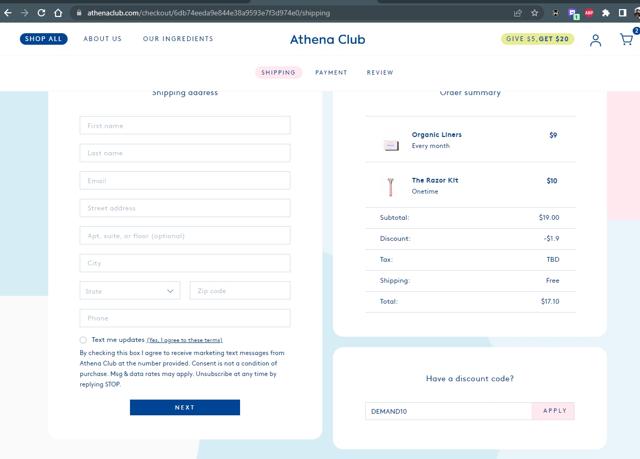 Athena Club checkout page showing Athena Club discount code box | Screenshot taken by SimplyCodes community member on Jun 19, 2023