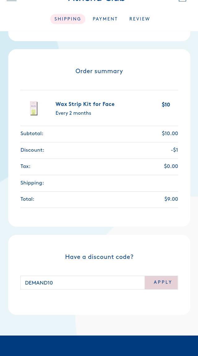 Athena Club checkout page showing Athena Club discount code box | Screenshot taken by SimplyCodes community member on Nov 27, 2022