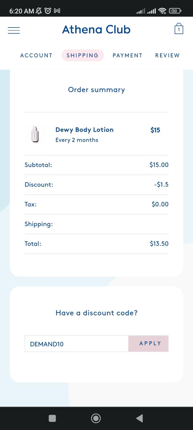 Athena Club checkout page showing Athena Club discount code box | Screenshot taken by SimplyCodes community member on Jul 5, 2022