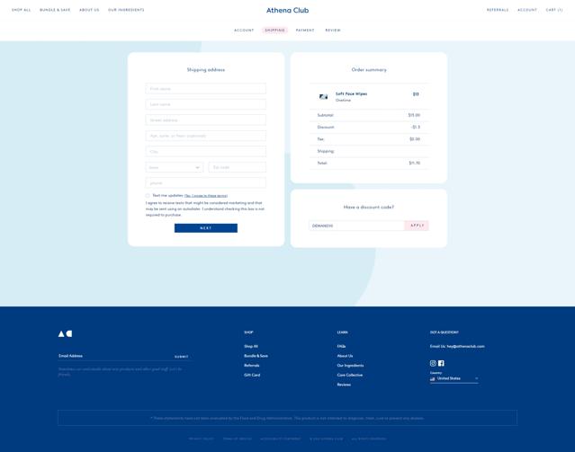 Athena Club checkout page showing Athena Club discount code box | Screenshot taken by SimplyCodes community member on Sep 1, 2022