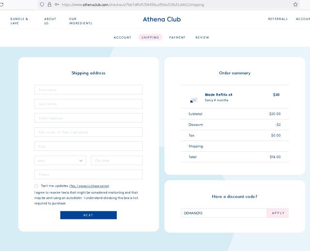 Athena Club checkout page showing Athena Club discount code box | Screenshot taken by SimplyCodes community member on Sep 30, 2022