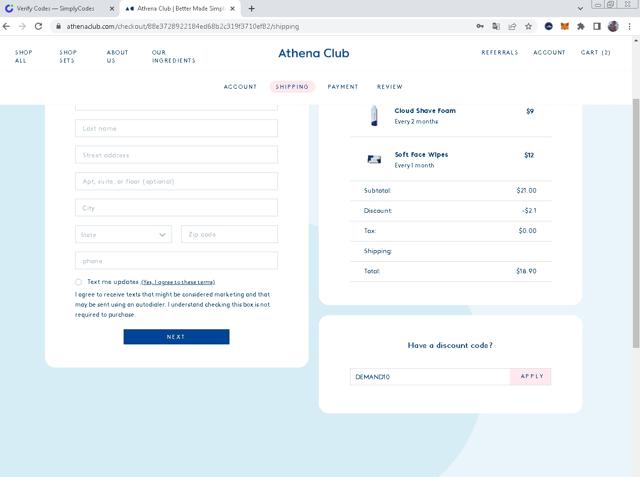 Athena Club checkout page showing Athena Club discount code box | Screenshot taken by SimplyCodes community member on Jun 6, 2022