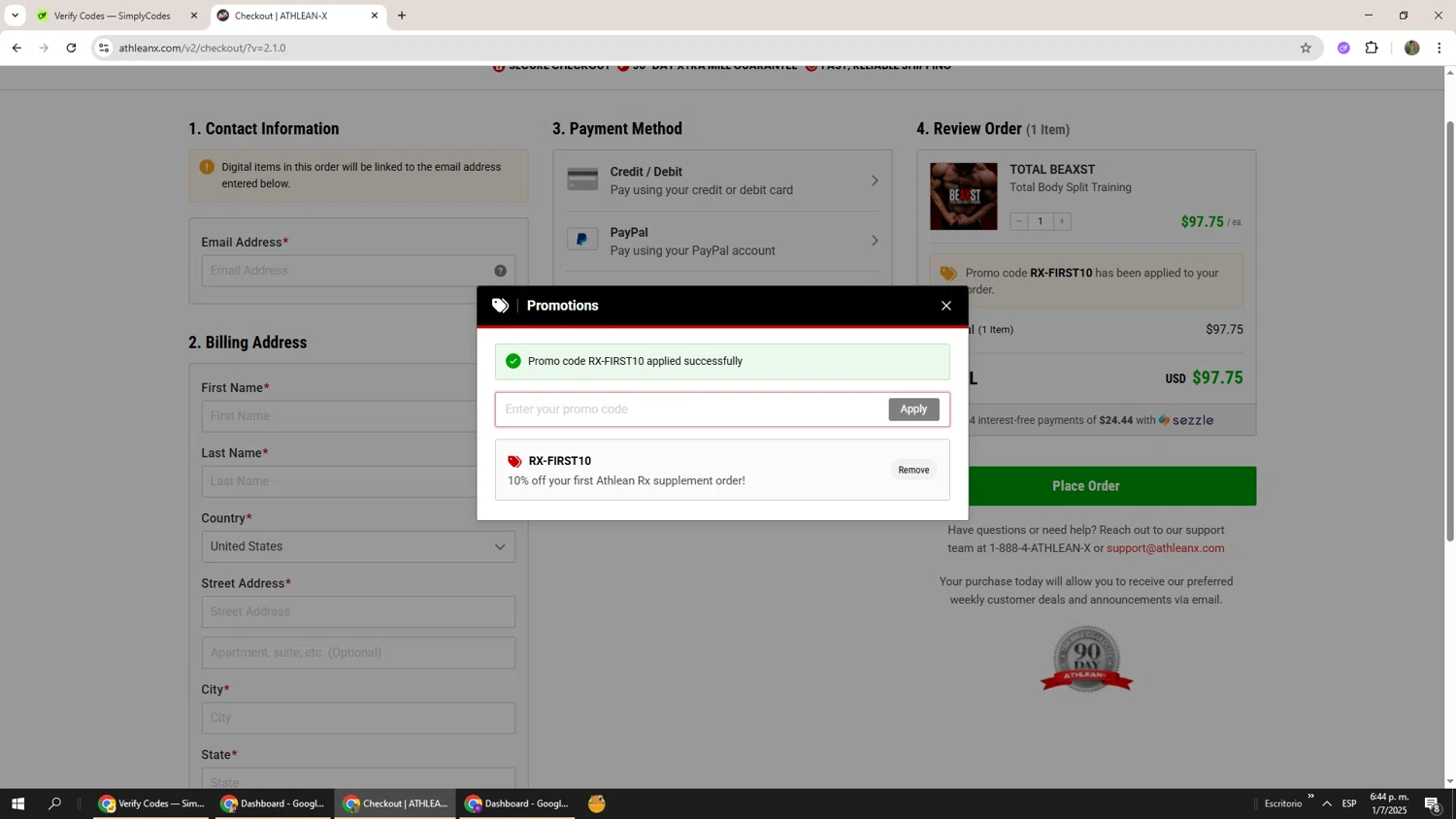 ATHLEAN-X promo code screenshot showing code RX-FIRST10 applied at ATHLEAN-X checkout page. Uploaded by SimplyCodes community member Phoenix585 on Jul 1, 2025
