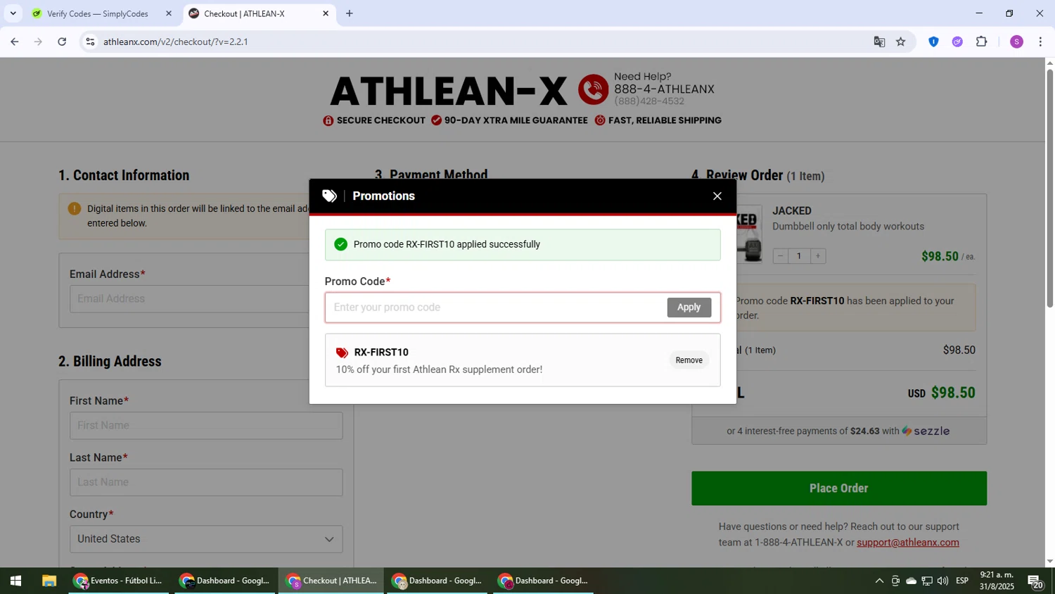 ATHLEAN-X promo code screenshot showing code RX-FIRST10 applied at ATHLEAN-X checkout page. Uploaded by SimplyCodes community member Son_Goku on Aug 31, 2025