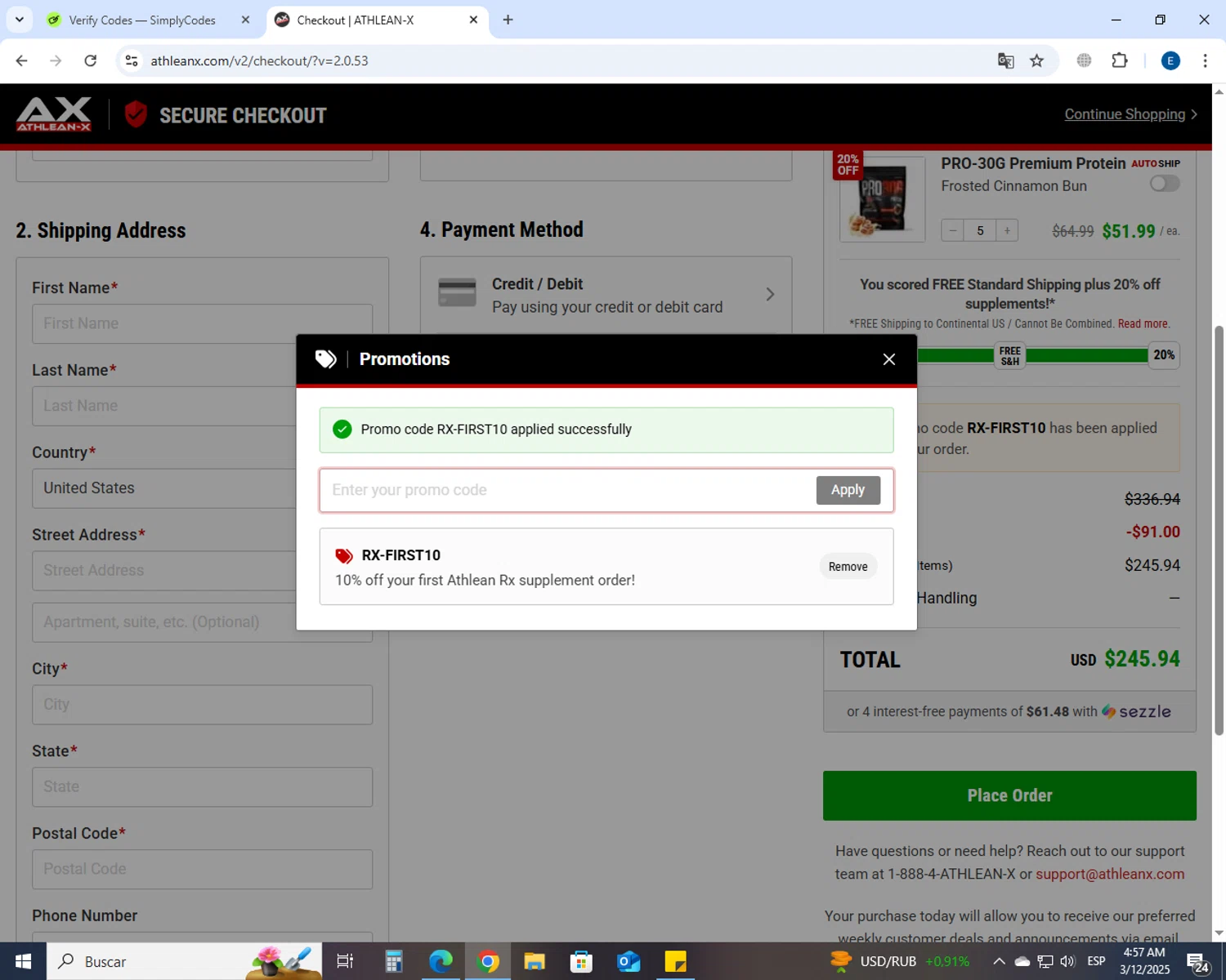 ATHLEAN-X promo code screenshot showing code RX-FIRST10 applied at ATHLEAN-X checkout page. Uploaded by SimplyCodes community member GoldSaver5472 on Mar 12, 2025
