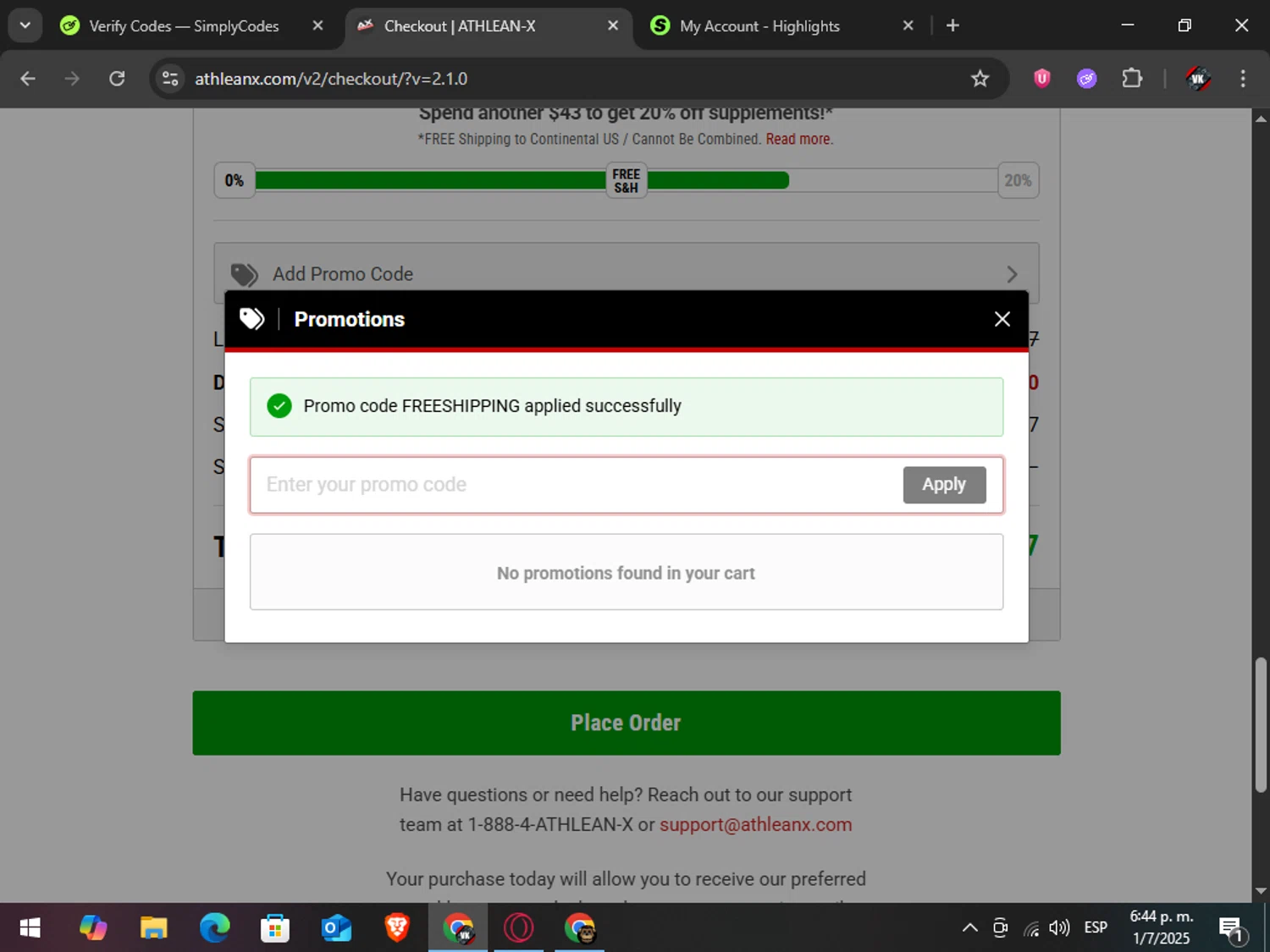 ATHLEAN-X promo code screenshot showing code FREESHIPPING applied at ATHLEAN-X checkout page. Uploaded by SimplyCodes community member TreasureAdmiral6867 on Jul 1, 2025
