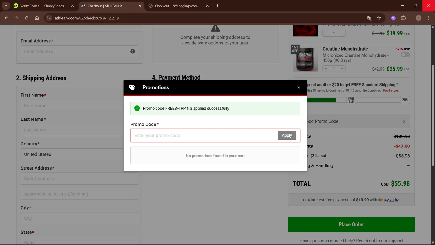 ATHLEAN-X promo code screenshot showing code FREESHIPPING applied at ATHLEAN-X checkout page. Uploaded by SimplyCodes community member WisePro3955 on Dec 8, 2025