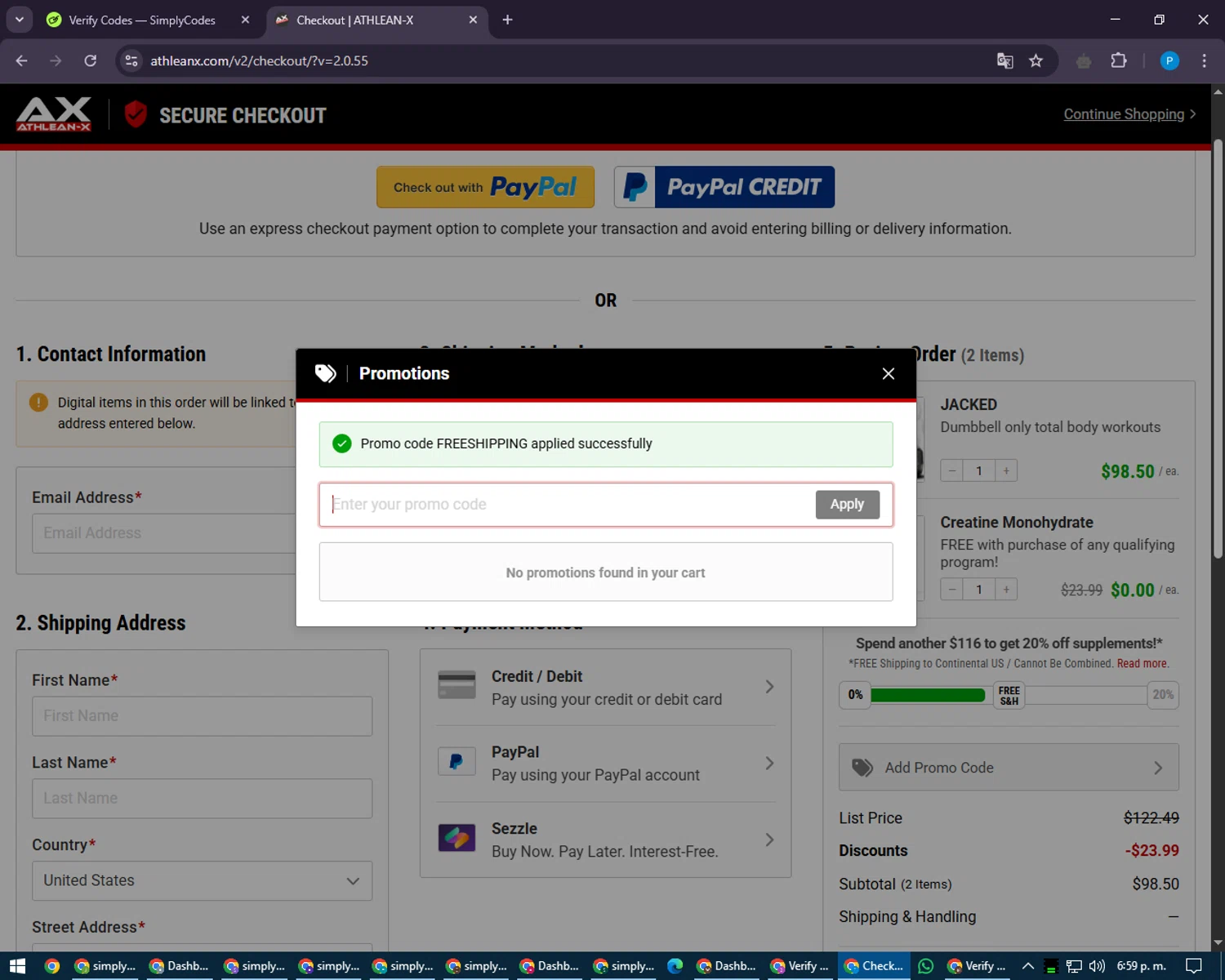 ATHLEAN-X promo code screenshot showing code FREESHIPPING applied at ATHLEAN-X checkout page. Uploaded by SimplyCodes community member juiceWRLD on Apr 18, 2025
