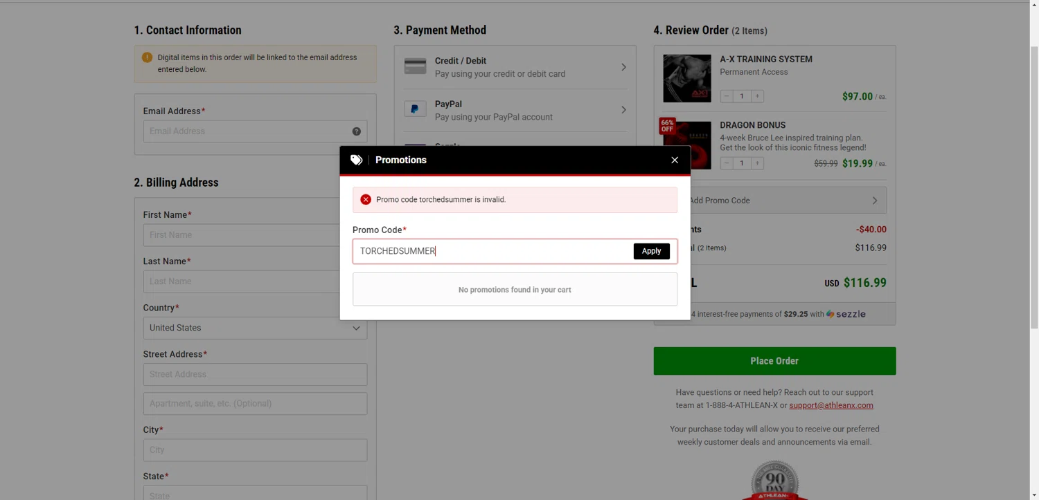 ATHLEAN-X promo code screenshot showing code TORCHEDSUMMER applied at ATHLEAN-X checkout page. Uploaded by SimplyCodes community member ScanRanger3503 on Sep 4, 2025