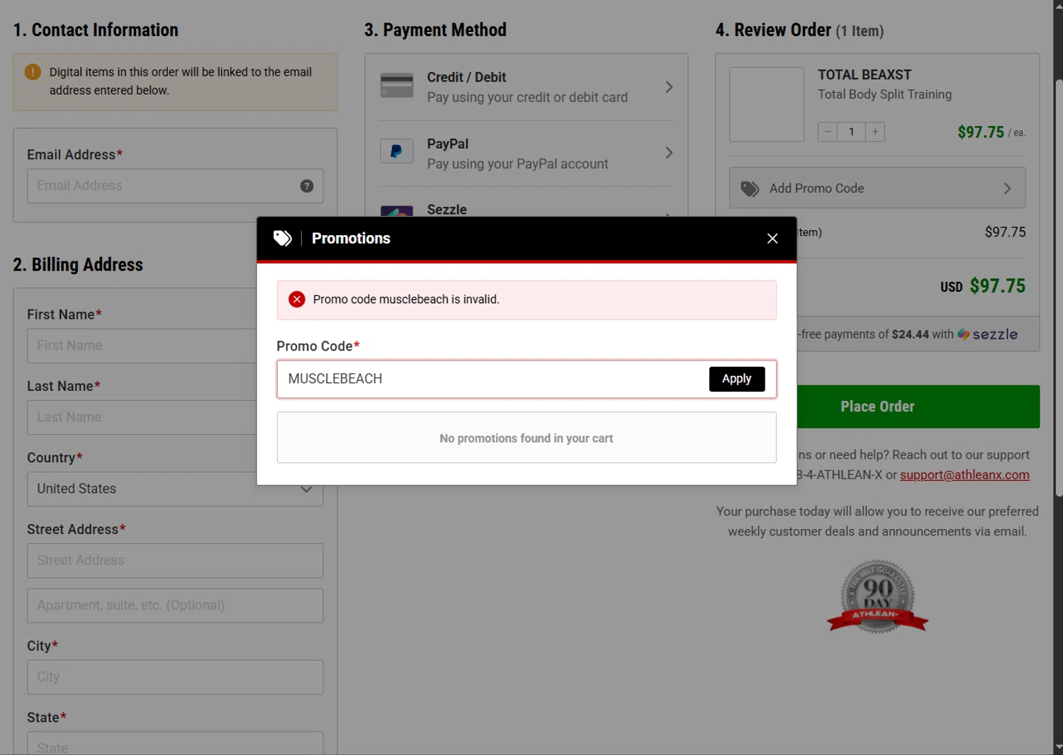 ATHLEAN-X promo code screenshot showing code MUSCLEBEACH applied at ATHLEAN-X checkout page. Uploaded by SimplyCodes community member BargainSaver8204 on Sep 27, 2025