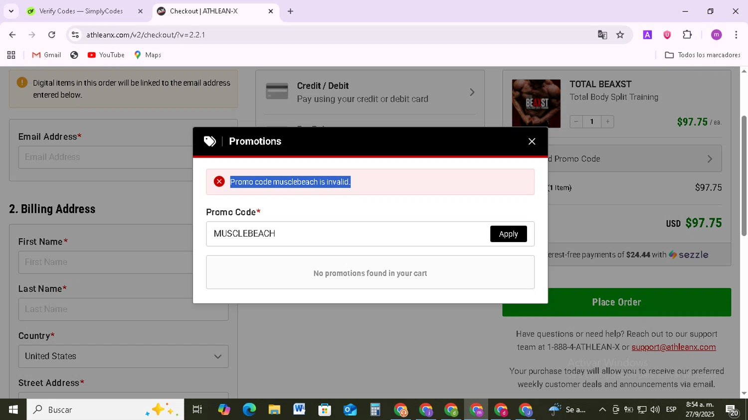 ATHLEAN-X promo code screenshot showing code MUSCLEBEACH applied at ATHLEAN-X checkout page. Uploaded by SimplyCodes community member BudgetMonarch8952 on Sep 27, 2025