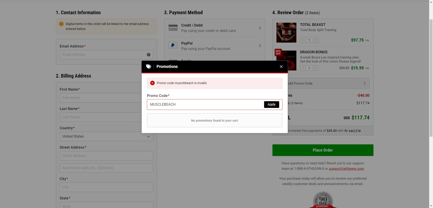 ATHLEAN-X promo code screenshot showing code MUSCLEBEACH applied at ATHLEAN-X checkout page. Uploaded by SimplyCodes community member ExtraordinaryShopper780 on Sep 27, 2025