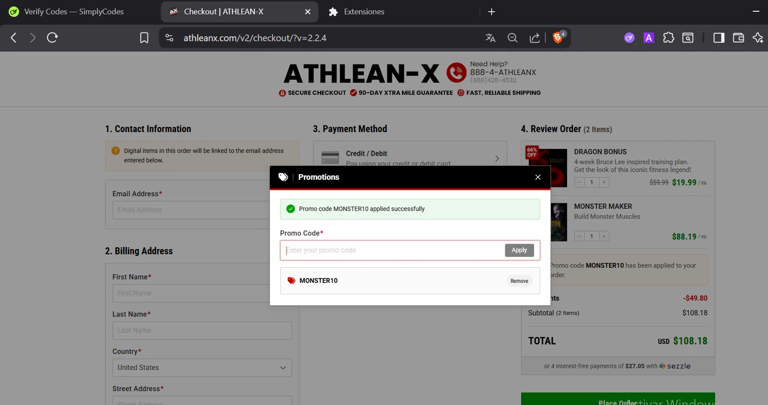 ATHLEAN-X promo code screenshot showing code MONSTER10 applied at ATHLEAN-X checkout page. Uploaded by SimplyCodes community member DiaCritics on Oct 17, 2025