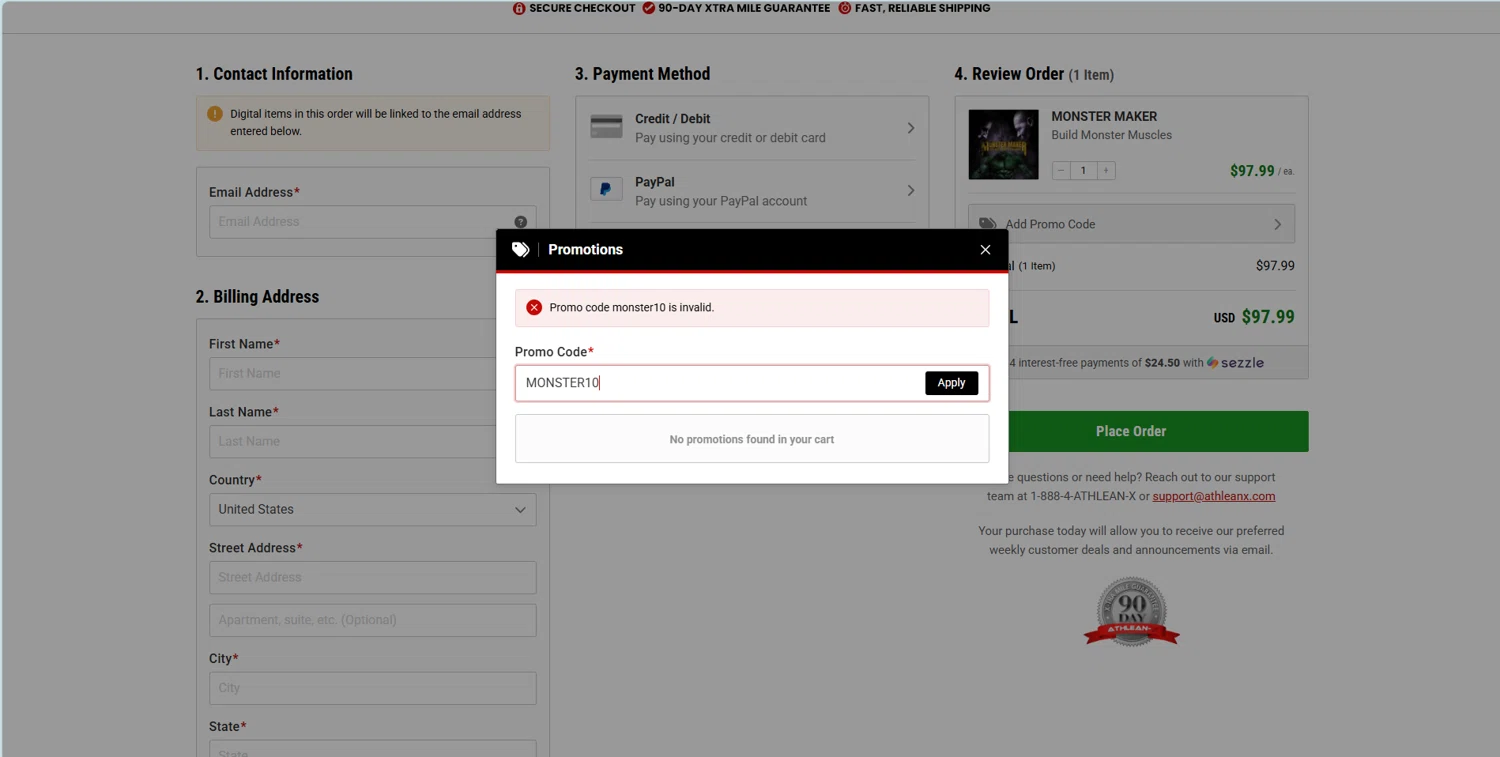 ATHLEAN-X promo code screenshot showing code MONSTER10 applied at ATHLEAN-X checkout page. Uploaded by SimplyCodes community member JAKEELDOG on Nov 15, 2025