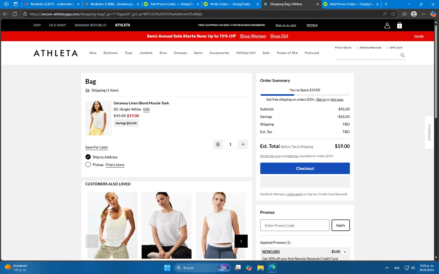 Athleta promo code screenshot showing code NEWCARD applied at Athleta checkout page. Uploaded by SimplyCodes community member Mdeoca on Jun 26, 2025