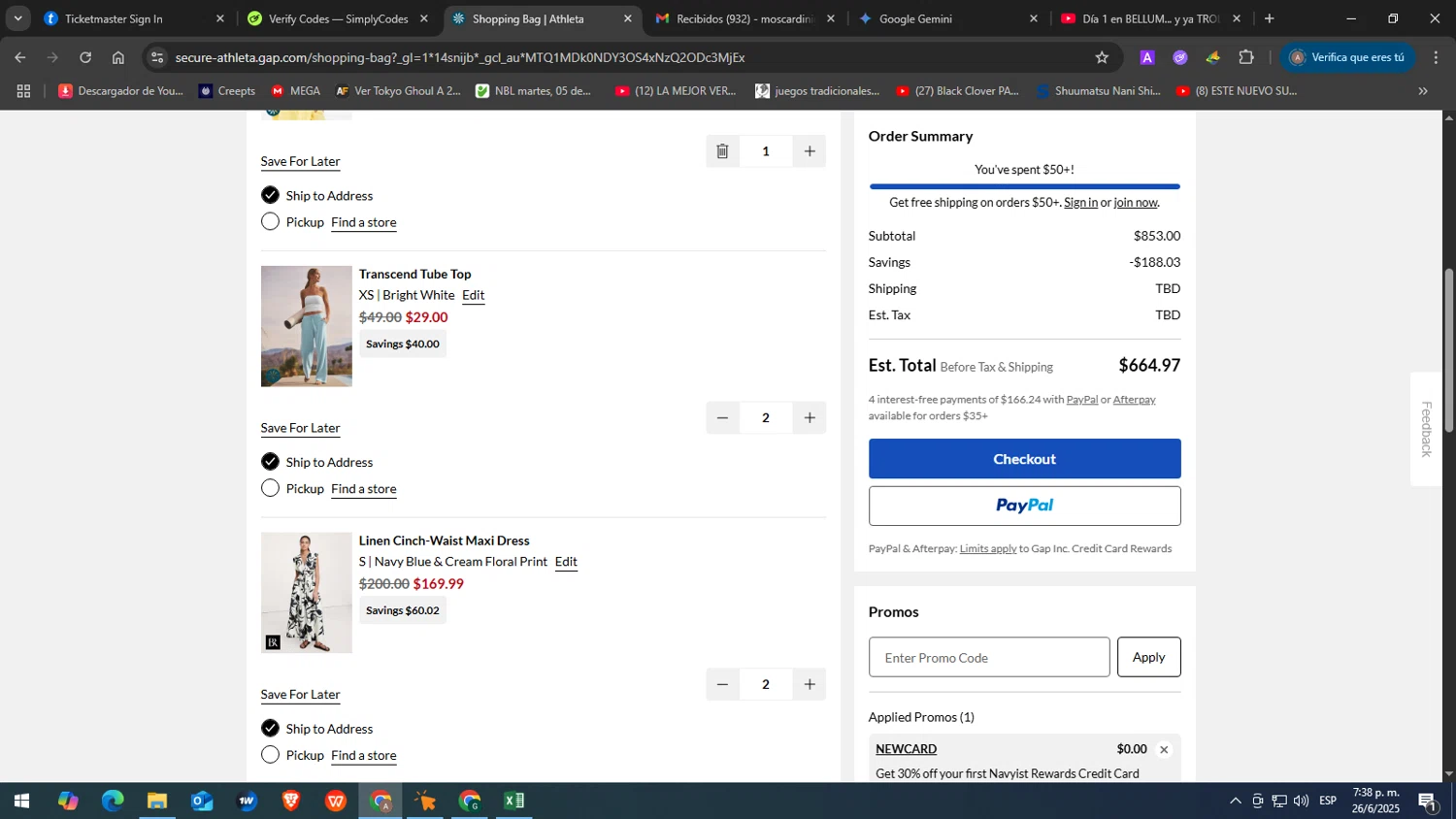 Athleta promo code screenshot showing code NEWCARD applied at Athleta checkout page. Uploaded by SimplyCodes community member JuanChi on Jun 26, 2025