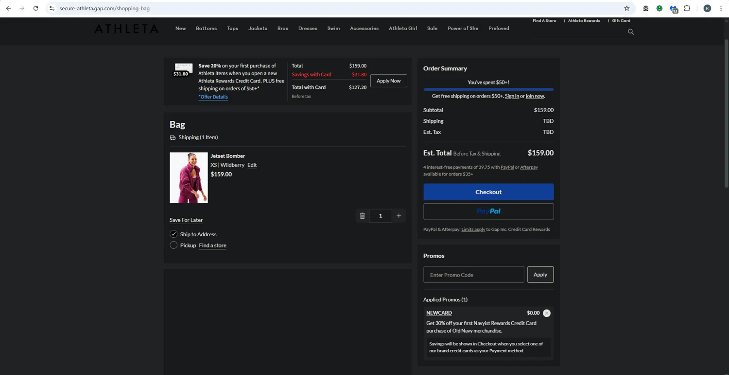 Athleta promo code screenshot showing code NEWCARD applied at Athleta checkout page. Uploaded by SimplyCodes community member rafaelmarquez on May 30, 2025