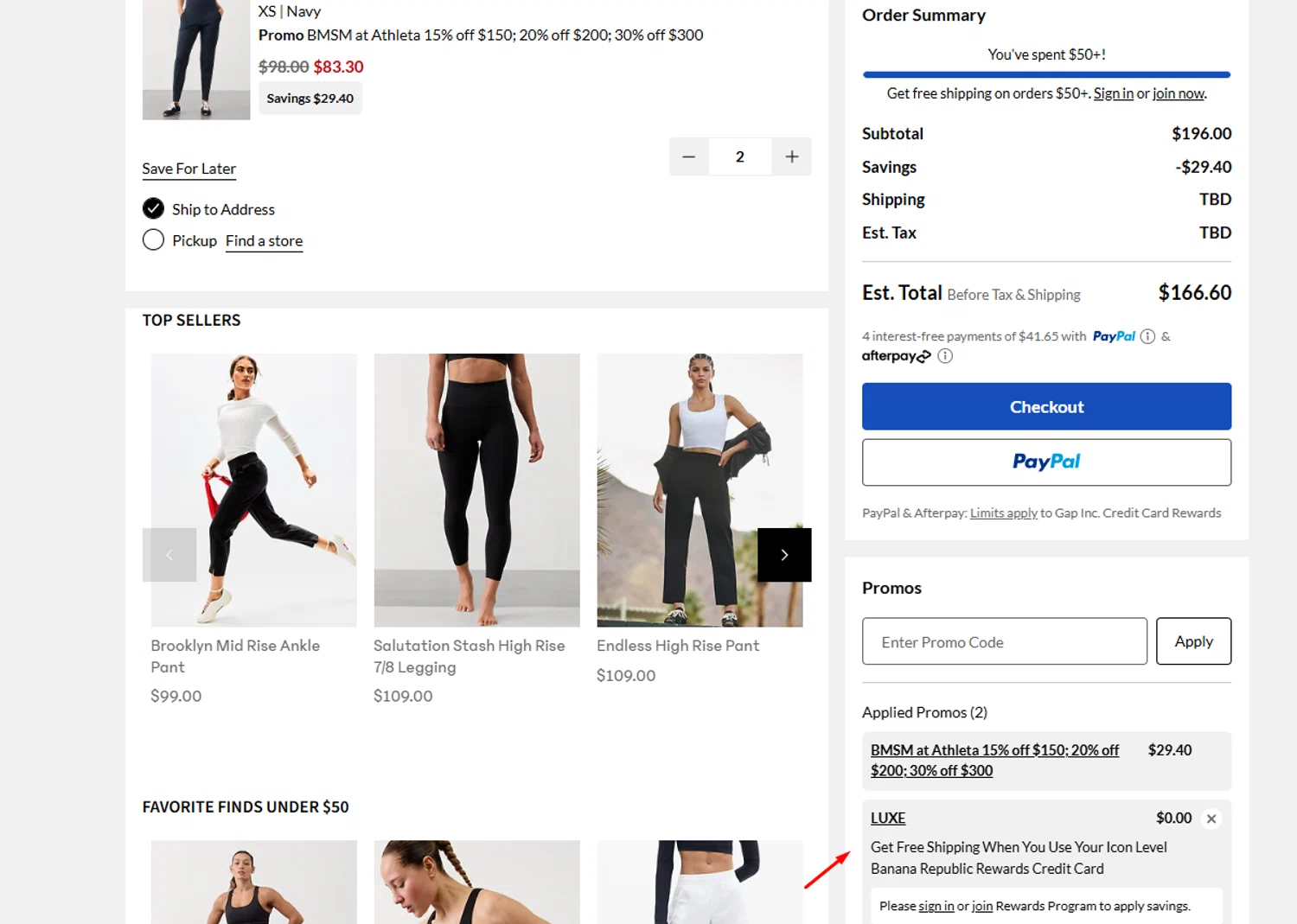 Athleta promo code screenshot showing code LUXE applied at Athleta checkout page. Uploaded by SimplyCodes community member PopomsPapa on Mar 31, 2025