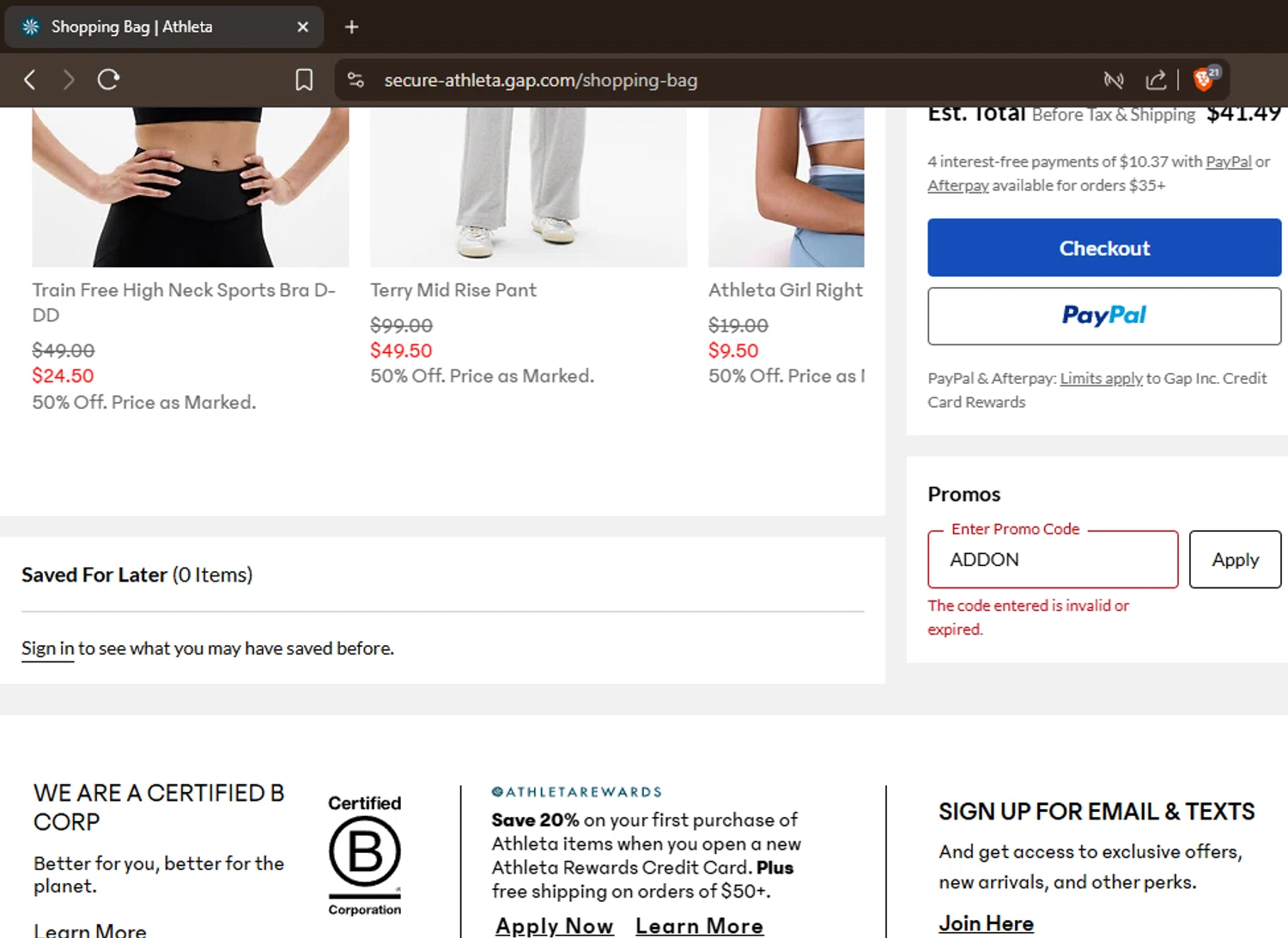 Athleta promo code screenshot showing code ADDON applied at Athleta checkout page. Uploaded by SimplyCodes community member LuckyTracker4658 on Aug 1, 2025