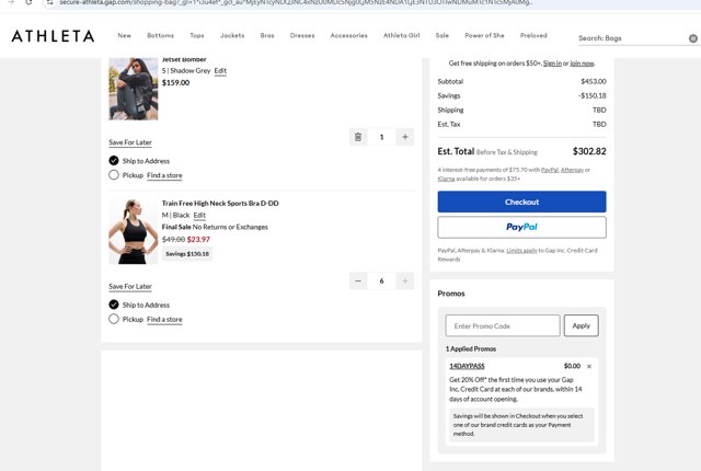 Athleta checkout page showing Athleta promo code box | Screenshot taken by SimplyCodes community member on Aug 21, 2025