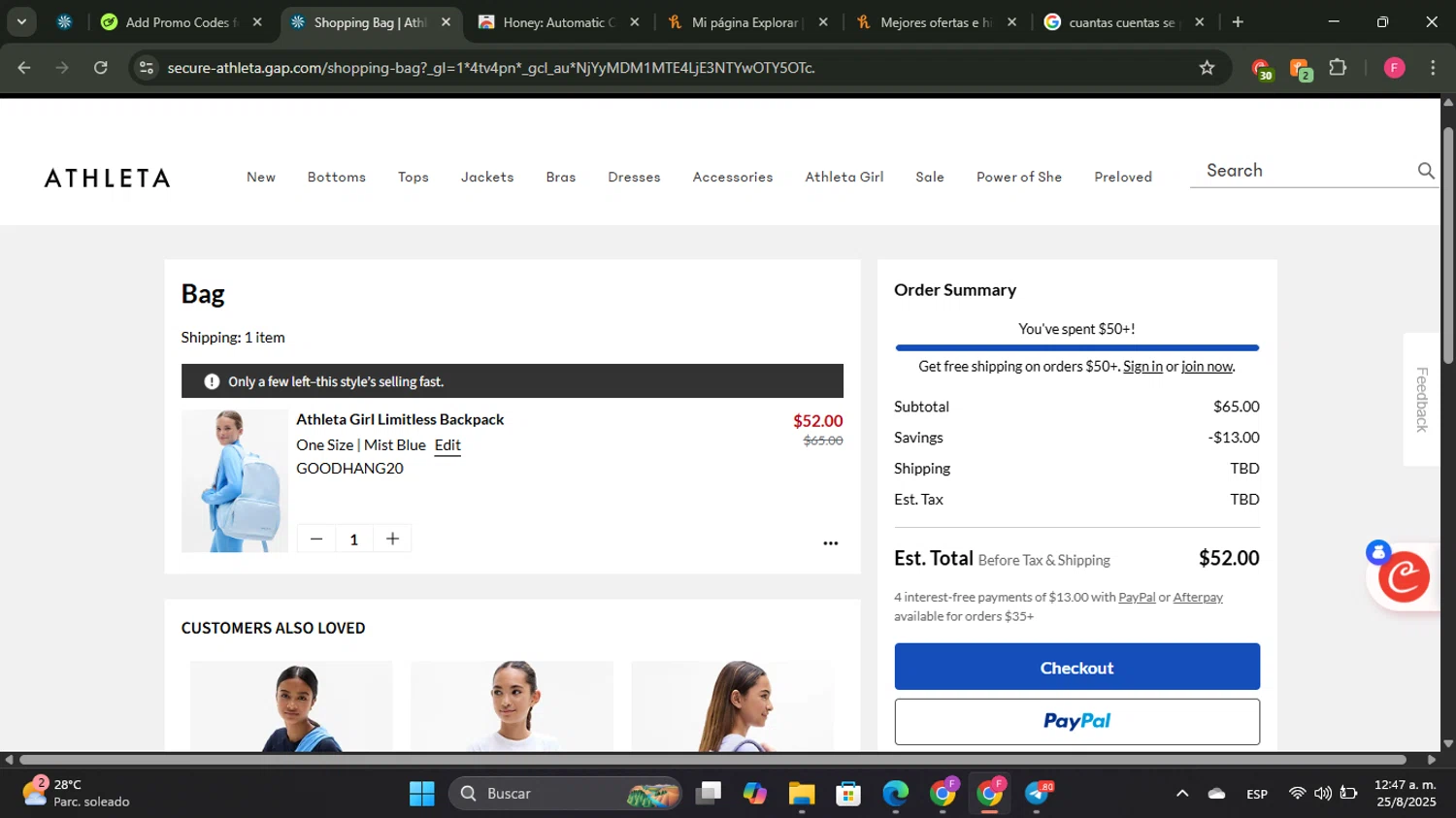 Athleta promo code screenshot showing code GOODHANG20 applied at Athleta checkout page. Uploaded by SimplyCodes community member LuckyAce4320 on Aug 25, 2025