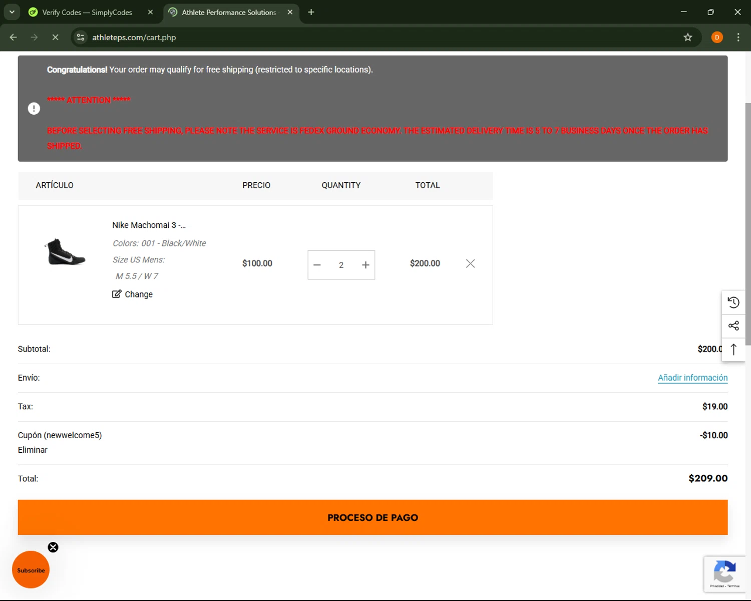 Athlete Performance Solutions coupon code screenshot showing code NEWWELCOME5 applied at Athlete Performance Solutions checkout page. Uploaded by SimplyCodes community member FrugalFalcon351 on Mar 4, 2025