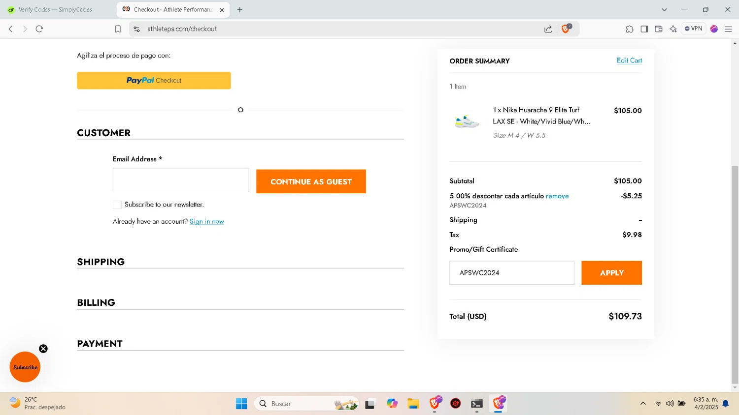 Athlete Performance Solutions coupon code screenshot showing code APSWC2024 applied at Athlete Performance Solutions checkout page. Uploaded by SimplyCodes community member nabucodonosor on Feb 4, 2025