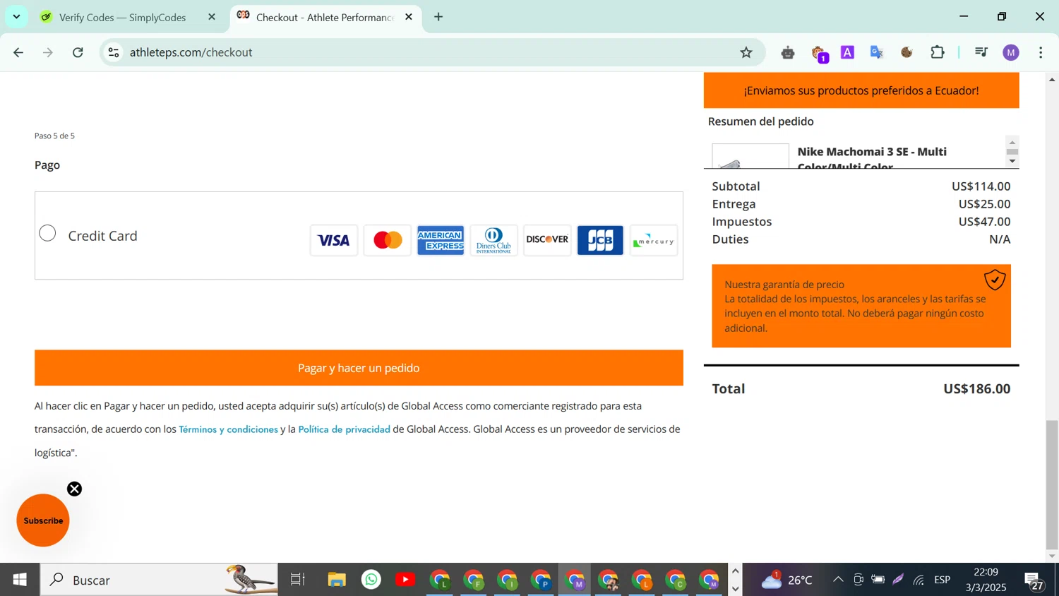 Athlete Performance Solutions coupon code screenshot showing code APSWC2024 applied at Athlete Performance Solutions checkout page. Uploaded by SimplyCodes community member ValueLion1621 on Mar 4, 2025