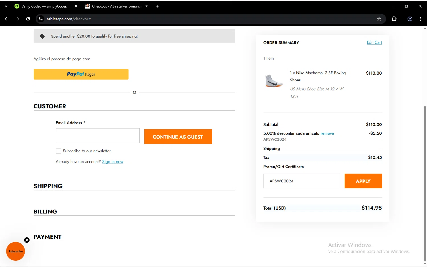 Athlete Performance Solutions coupon code screenshot showing code APSWC2024 applied at Athlete Performance Solutions checkout page. Uploaded by SimplyCodes community member cristianubon on Apr 2, 2025