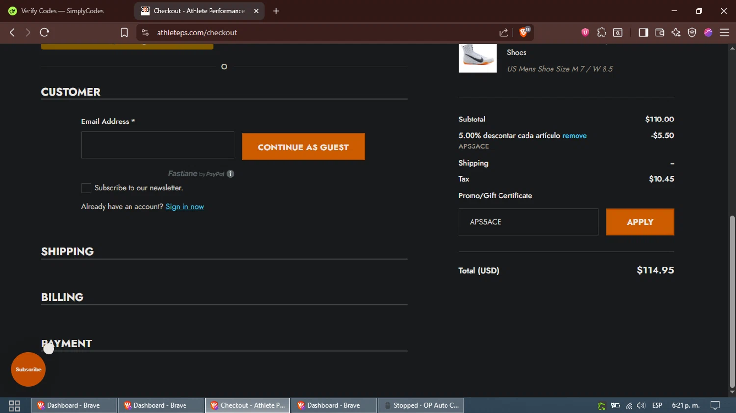 Athlete Performance Solutions coupon code screenshot showing code APS5ACE applied at Athlete Performance Solutions checkout page. Uploaded by SimplyCodes community member Alfred on Sep 29, 2025