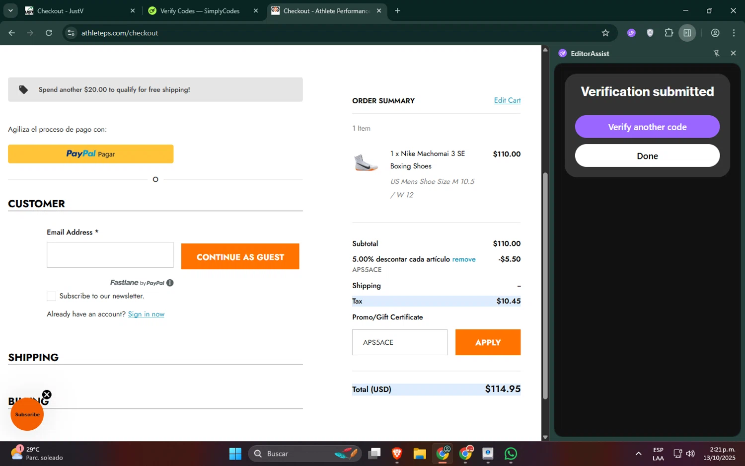 Athlete Performance Solutions coupon code screenshot showing code APS5ACE applied at Athlete Performance Solutions checkout page. Uploaded by SimplyCodes community member jeremyriera on Oct 13, 2025