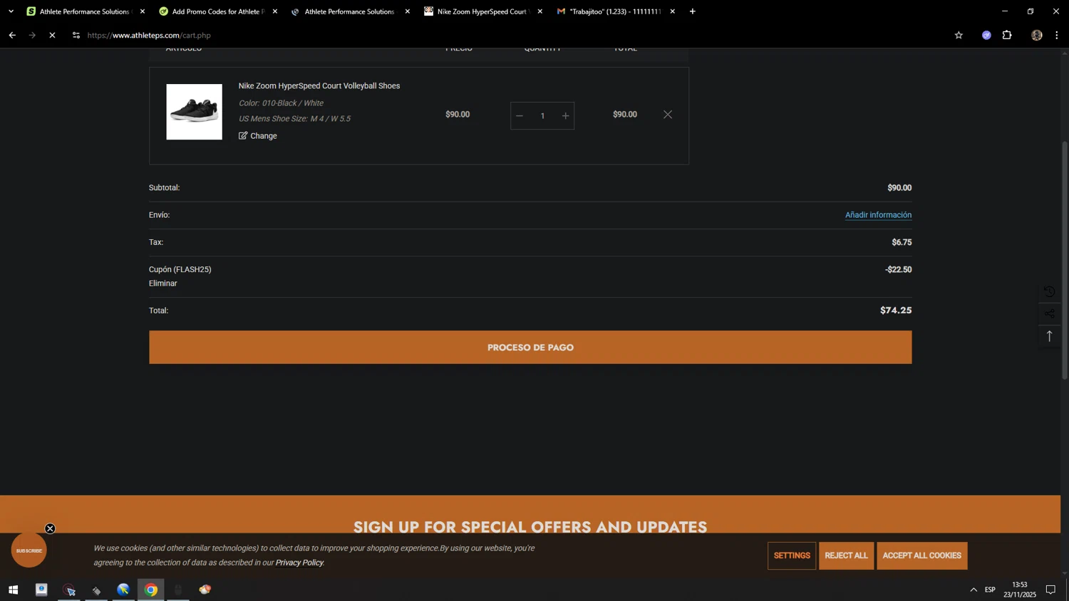 Athlete Performance Solutions coupon code screenshot showing code FLASH25 applied at Athlete Performance Solutions checkout page. Uploaded by SimplyCodes community member MarcosAranguren on Nov 23, 2025