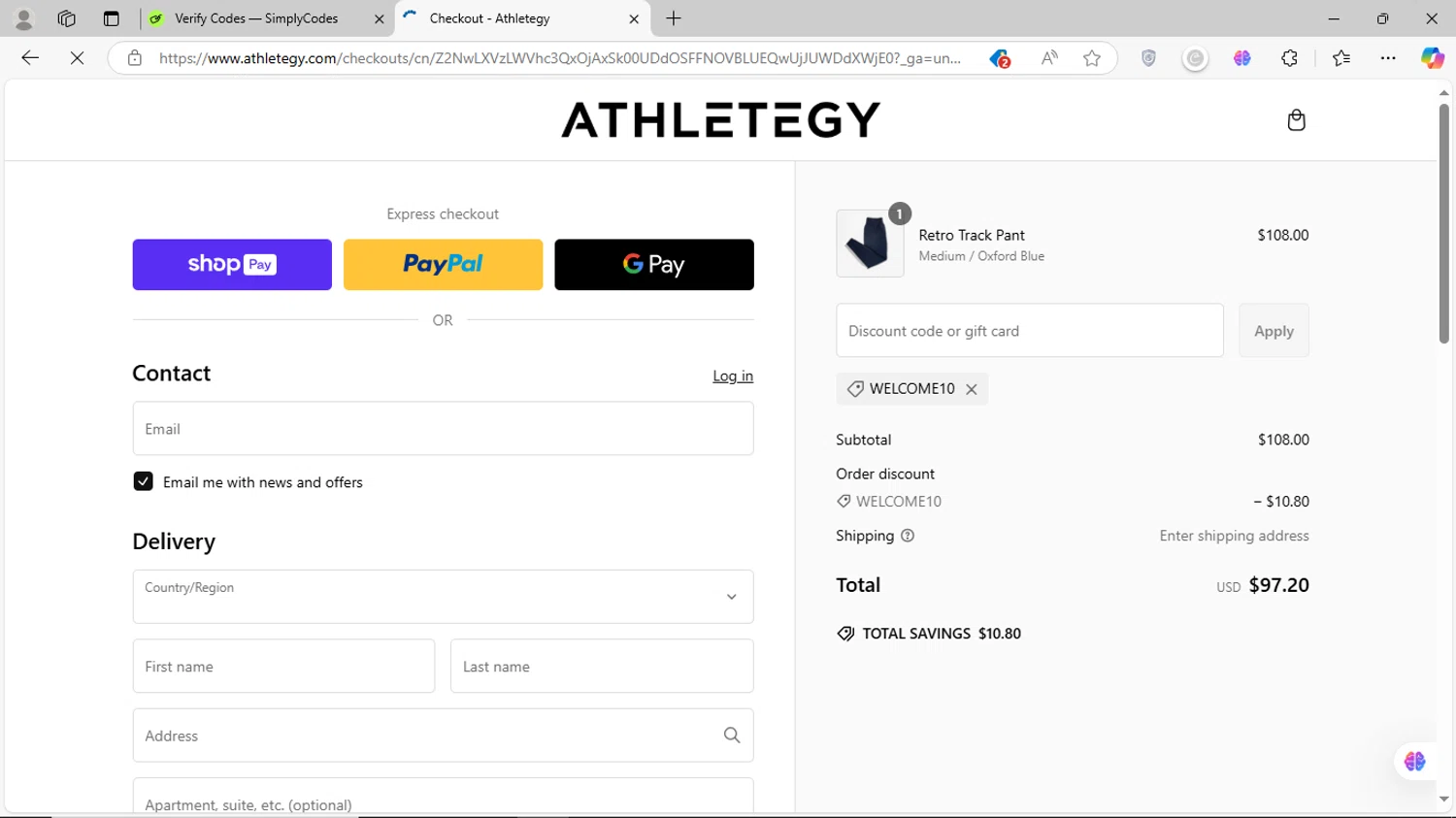 Athletegy discount code screenshot showing code WELCOME10 applied at Athletegy checkout page. Uploaded by SimplyCodes community member MagnificentVirtuoso8433 on Feb 15, 2025