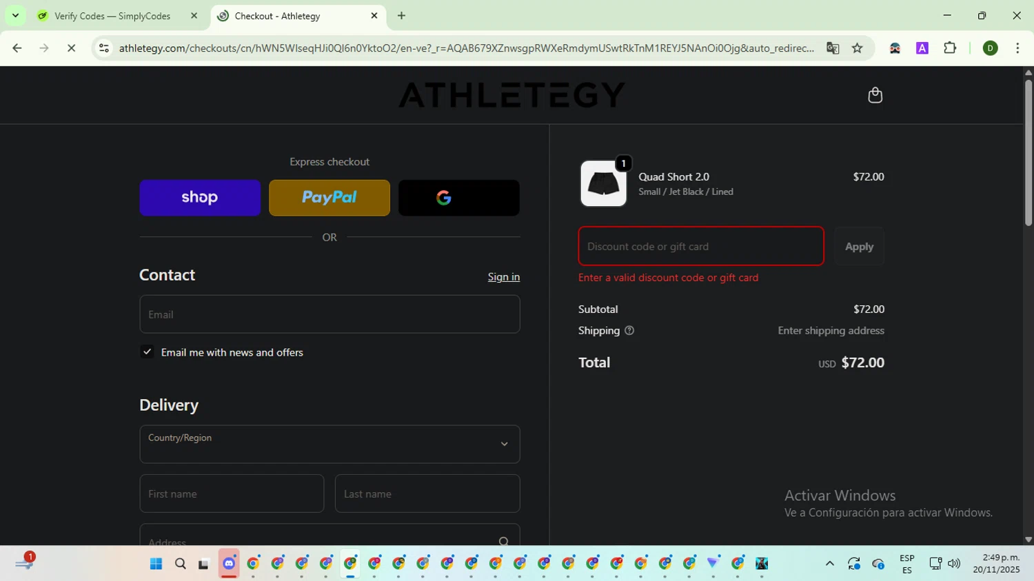 Athletegy discount code screenshot showing code TRAINBETTER10 applied at Athletegy checkout page. Uploaded by SimplyCodes community member BargainGuardian5495 on Nov 20, 2025