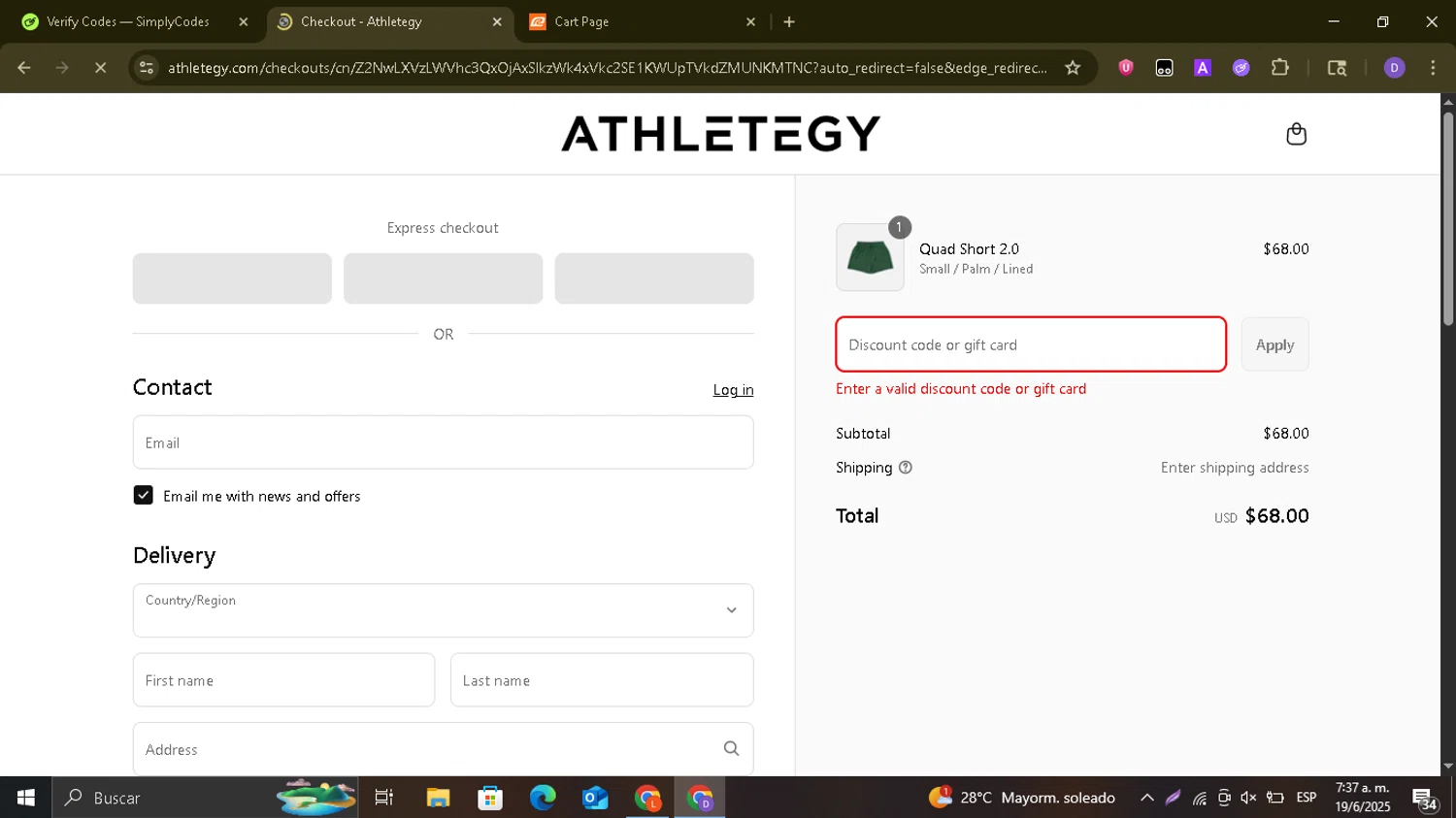 Athletegy discount code screenshot showing code FORDAD applied at Athletegy checkout page. Uploaded by SimplyCodes community member MoneyTitan1832 on Jun 19, 2025