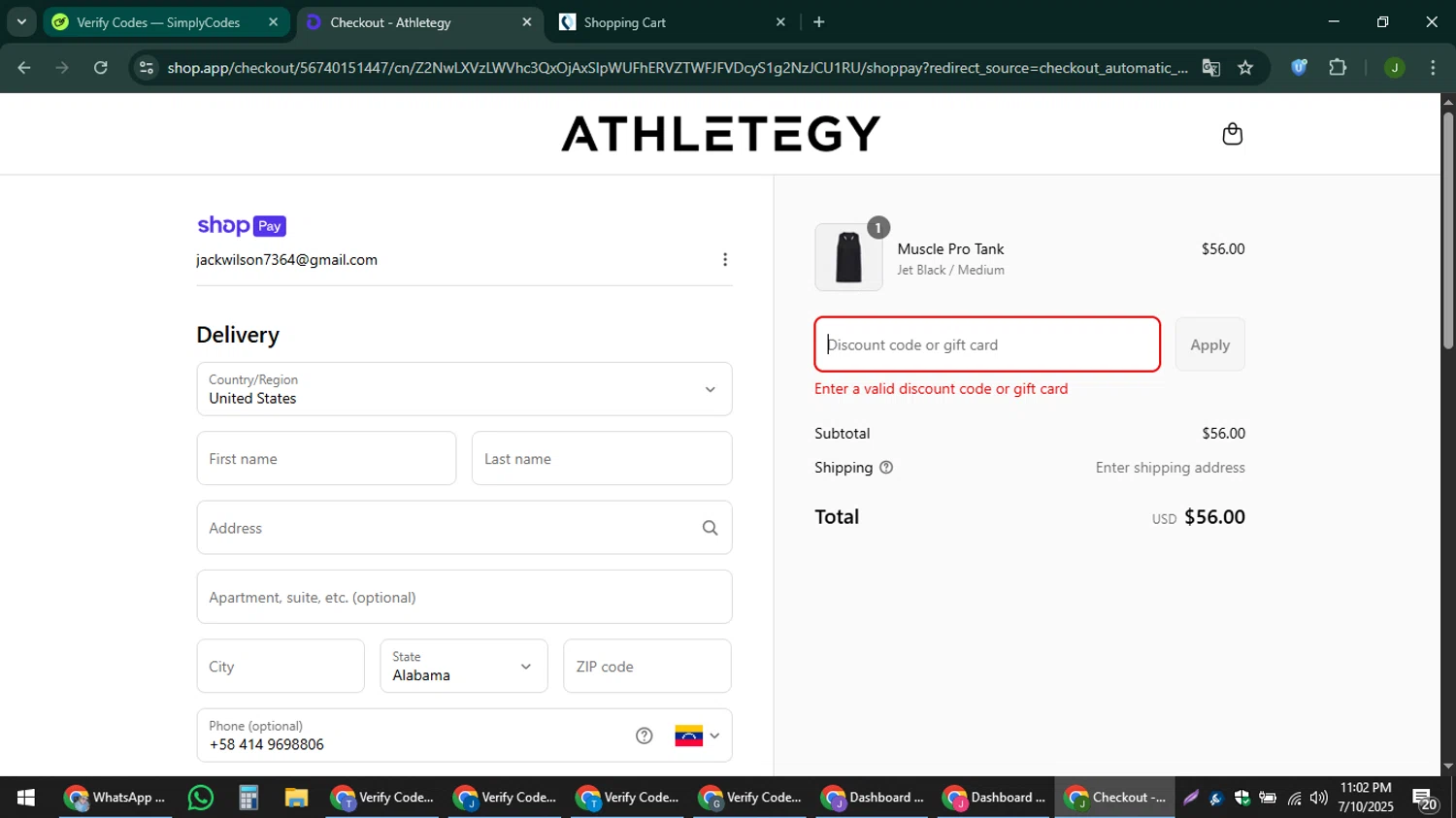 Athletegy discount code screenshot showing code JULY25 applied at Athletegy checkout page. Uploaded by SimplyCodes community member ShieldFinder369 on Jul 11, 2025
