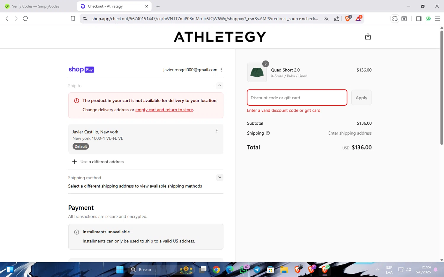 Athletegy discount code screenshot showing code STOCKUP applied at Athletegy checkout page. Uploaded by SimplyCodes community member Widopalacios on Aug 6, 2025