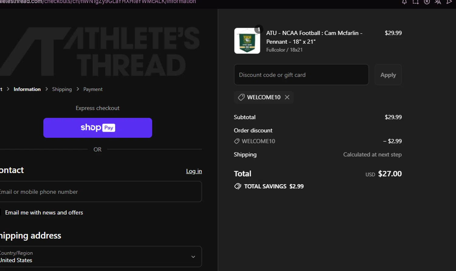 Athlete's Thread discount code screenshot showing code WELCOME10 applied at Athlete's Thread checkout page. Uploaded by SimplyCodes community member chepipi on Aug 11, 2025