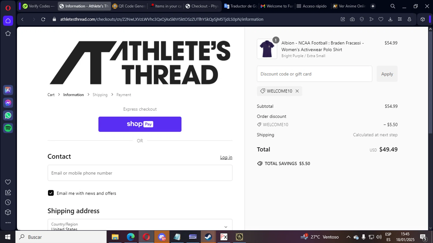 Athlete's Thread discount code screenshot showing code WELCOME10 applied at Athlete's Thread checkout page. Uploaded by SimplyCodes community member LegendaryEagle421 on Jan 18, 2025